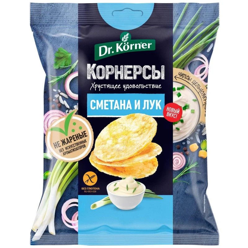 Чипсы Dr.Korner цельноз. кукурузно-рисовые со сметаной и зел. луком, 50г