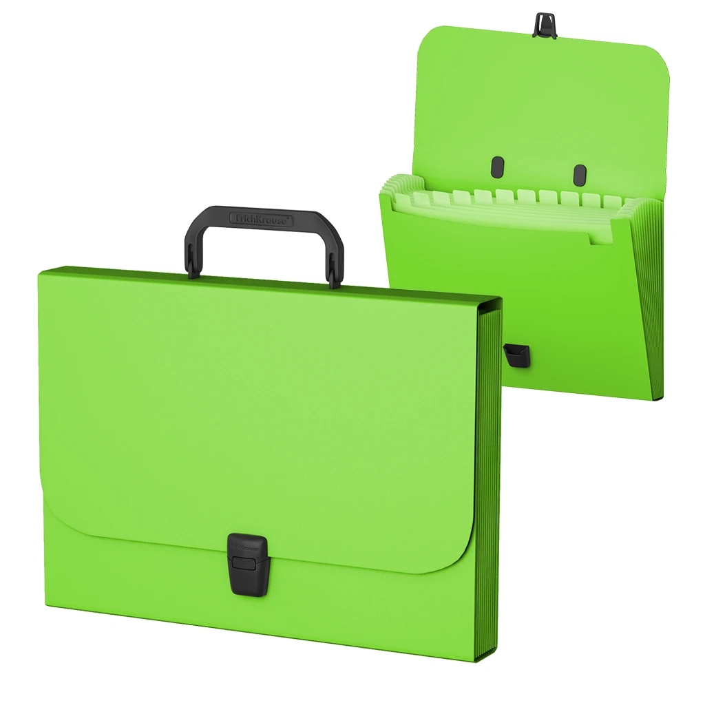 Портфель пластиковый Erich Krause® Neon, с 12 отделениями, A4, зеленый (в пакете