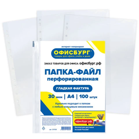 Папки-файлы перфорированные ОФИСБУРГ, А4, комплект 100 шт., гладкие, 30 мкм,