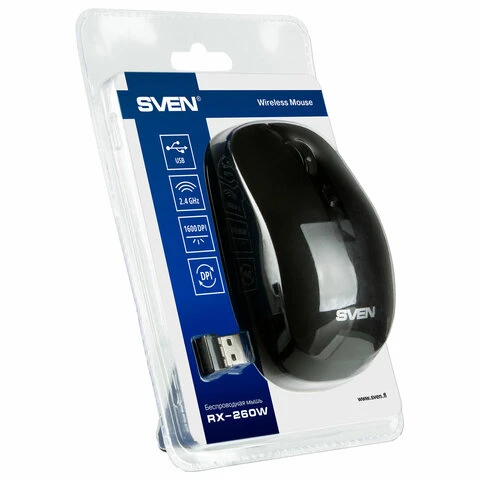 Мышь беспроводная SVEN RX-260W, 3 кнопки + 1 колесо-кнопка, оптическая, черная,
