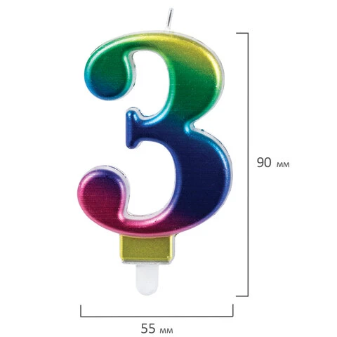 Свеча-цифра для торта "3" "Радужная", 9 см, ЗОЛОТАЯ СКАЗКА, Свеча-цифра для торта "3" "Радужная", 9 см, ЗОЛОТАЯ СКАЗКА,