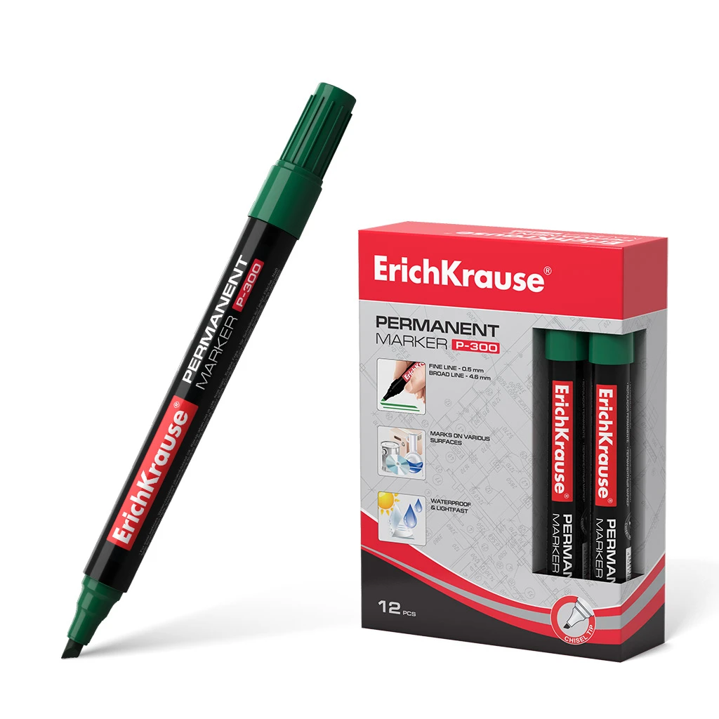 Перманентный маркер Erich Krause® P-300, цвет чернил зеленый (в коробке по 12