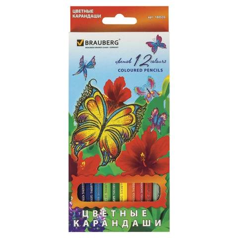 Карандаши цветные BRAUBERG "Wonderful butterfly", 12 цветов,