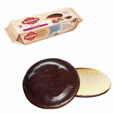 Печенье ЯШКИНО "Клубника", сдобное, с бисквитом, джемом и шоколадной