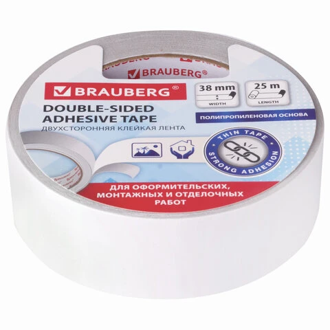 Клейкая двусторонняя лента 38 мм х 25 м, ТОНКАЯ ОСНОВА полипропилен, 90 микрон,