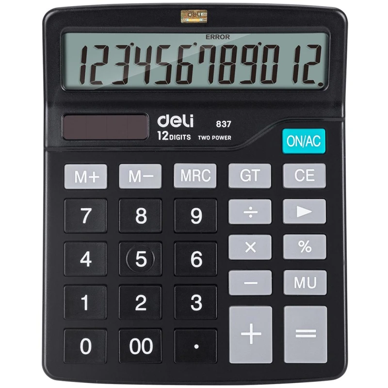 Калькулятор настольный КОМПАКТНЫЙ Deli E837,12р, дв. питание, 148x120мм, черный