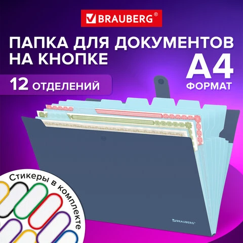 Папка-органайзер на кнопке 12 отделений, BRAUBERG Extra, А4, синяя с голубым,