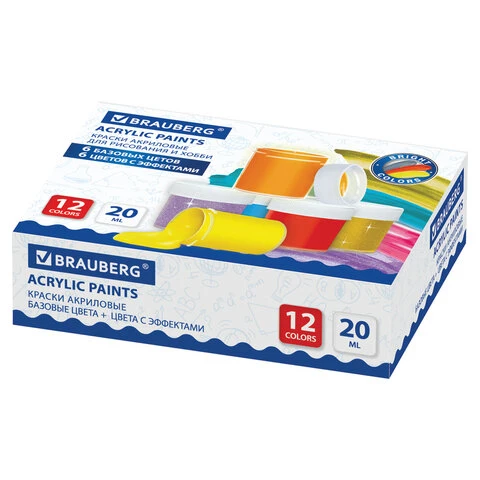 Краски акриловые для рисования и хобби BRAUBERG 12 цветов ассорти по 20 мл (6