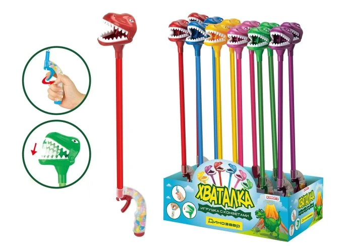 ХВАТАЛКА Динозавр игрушка с конфетами 45 см, блок 12 штук (8г х 12 х 3)