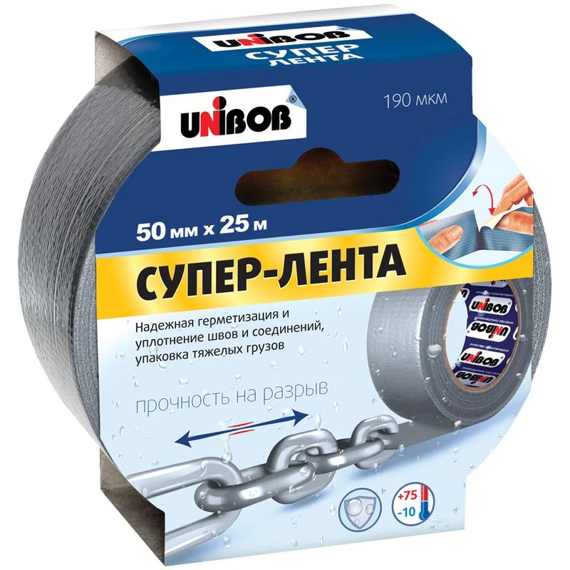 Клейкая СУПЕР-лента армированная Unibob, 50мм*25м, серая, инд.упаковка. 44265