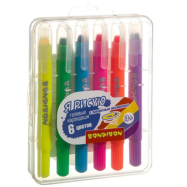 Набор гелевых карандашей для рисования Bondibon 6 цветов, в пластиковой коробке,