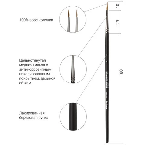 Кисть художественная проф. BRAUBERG ART CLASSIC, колонок, круглая, № 1, короткая