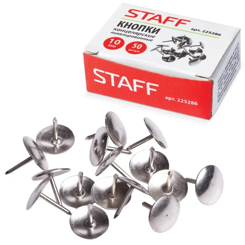 Кнопки канцелярские STAFF, металлические, никелированные, 10 мм, 50 шт., в