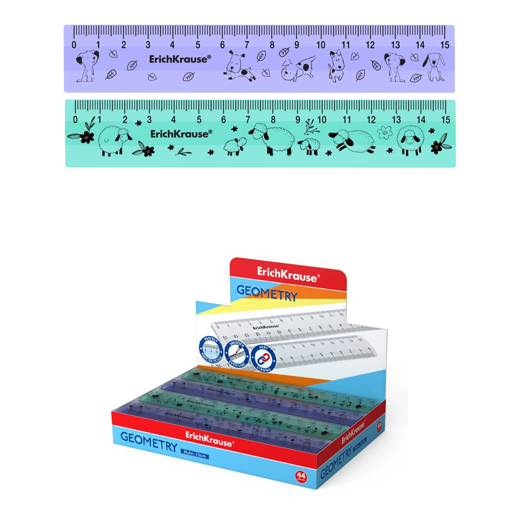 Линейка пластиковая ErichKrause®, 15см, ассорти из 2 цветов, в коробке-дисплее