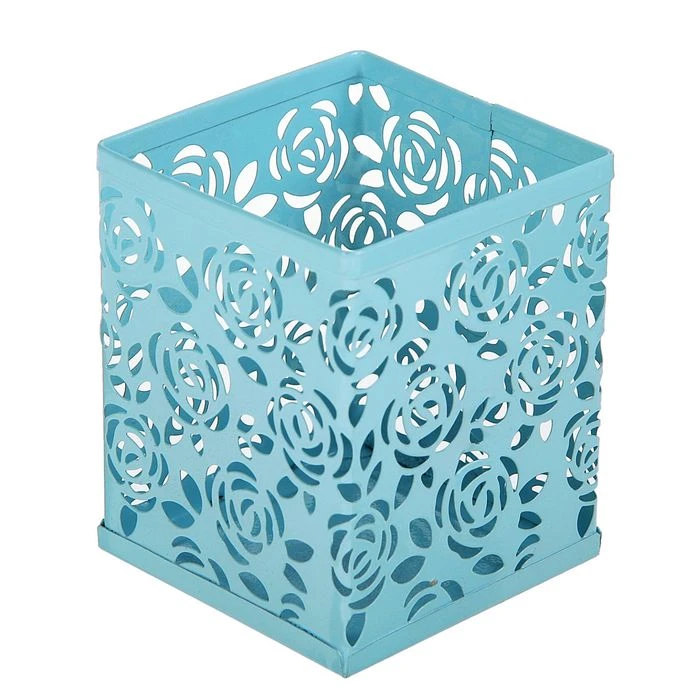 Стакан для пишущих принадлежностей, квадратный с узором, металлический, голубой