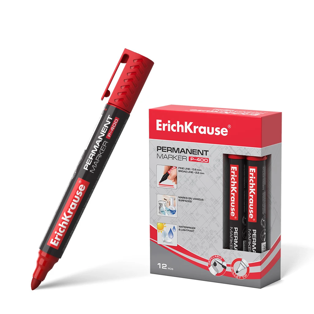 Перманентный маркер ErichKrause® P-400, цвет чернил красный (в коробке по 12
