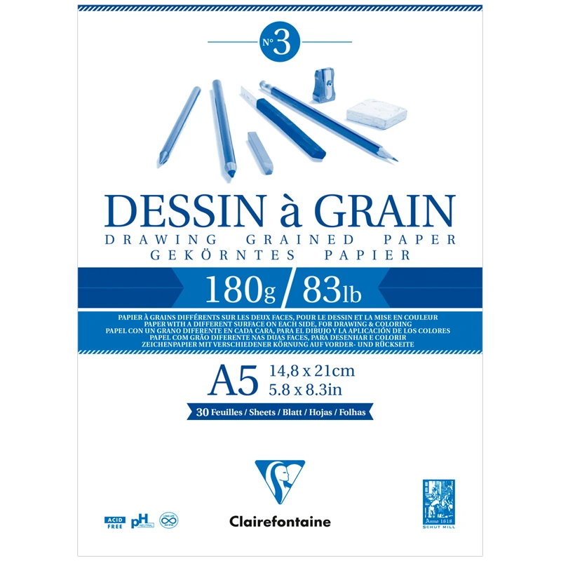 Скетчбук 30л. А5 на склейке Clairefontaine "Dessin a grain", 180г/м2,