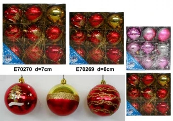 Новогодние шары, ручная роспись елка 6см. 3 вида 9шт, в блест. кор, с дождиком,