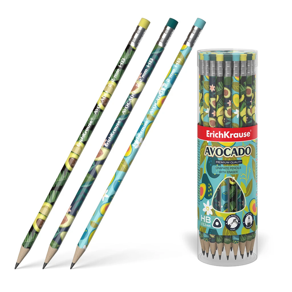 Чернографитный трехгранный карандаш с ластиком ErichKrause® Avocado HB (в тубусе