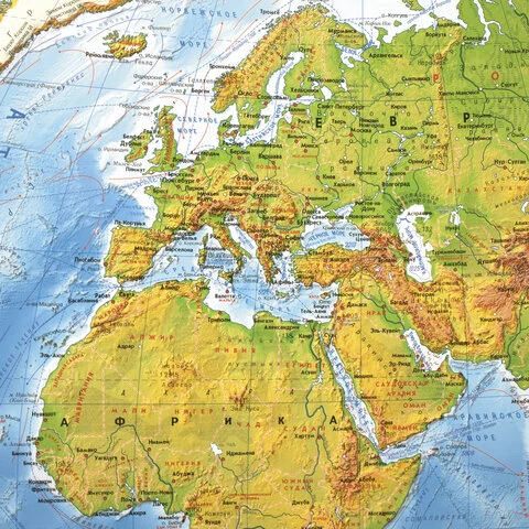 Карта мира физическая 101х66 см, 1:29М, с ламинацией, интерактивная, европодвес,