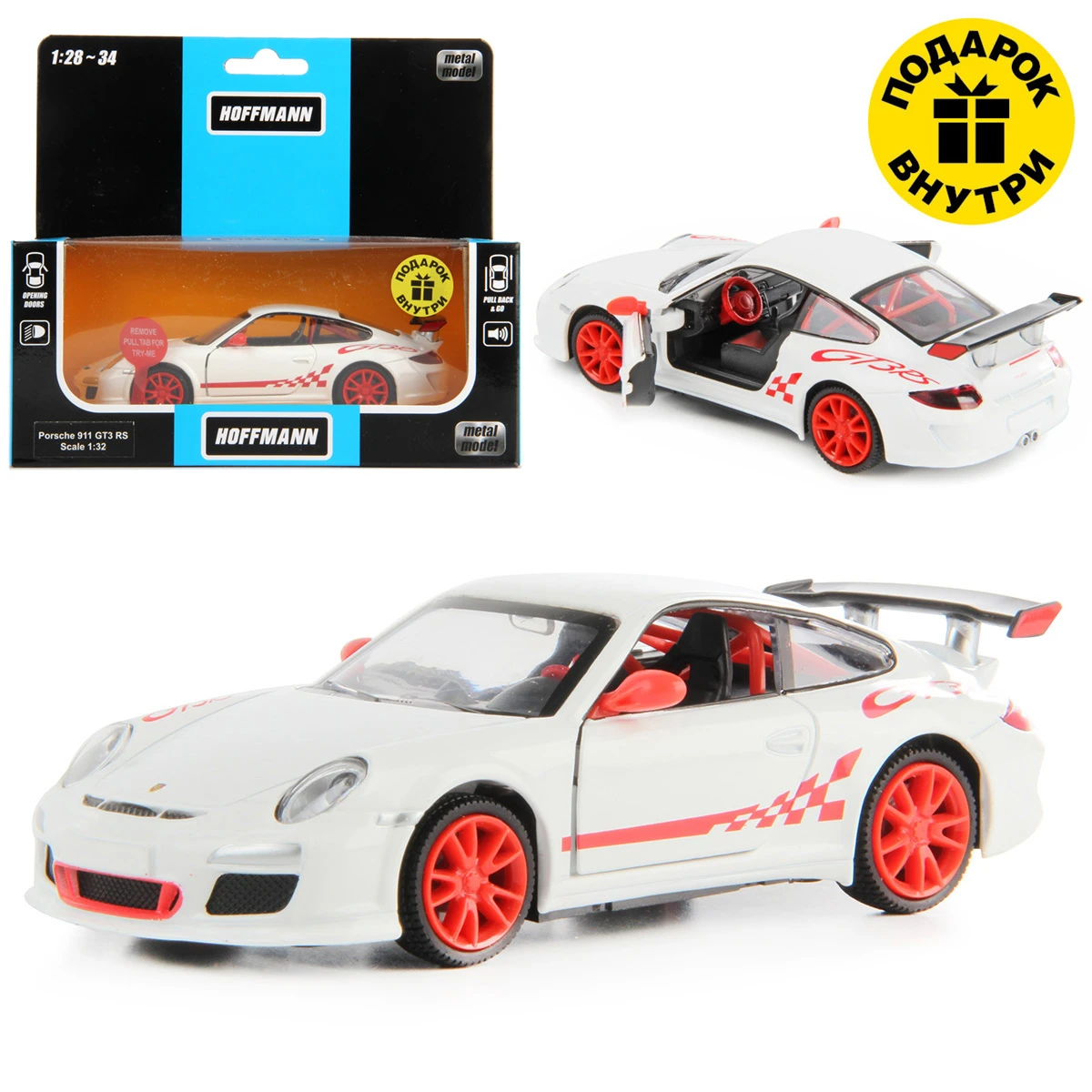 Машина металлическая Porsche 911 GT3 RS (997) 1:32, звук/свет, двери откр.,