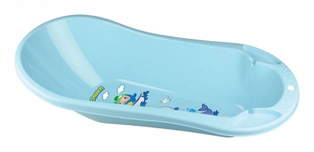 Ванна детская с клапаном для слива воды и аппликацией светло-голубой