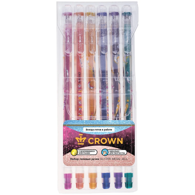 Набор гелевых ручек Crown "Glitter Metal Jell" 6шт., 6цв., 1,0мм, с