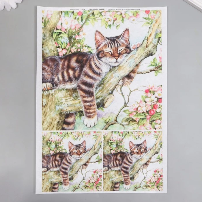 Декупажная карта "Кошка спит на дереве" формат А4, плотность 45г/м2