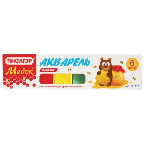 Краски акварельные ПИФАГОР "МЕДОК", 6 цветов, медовые, без кисти,