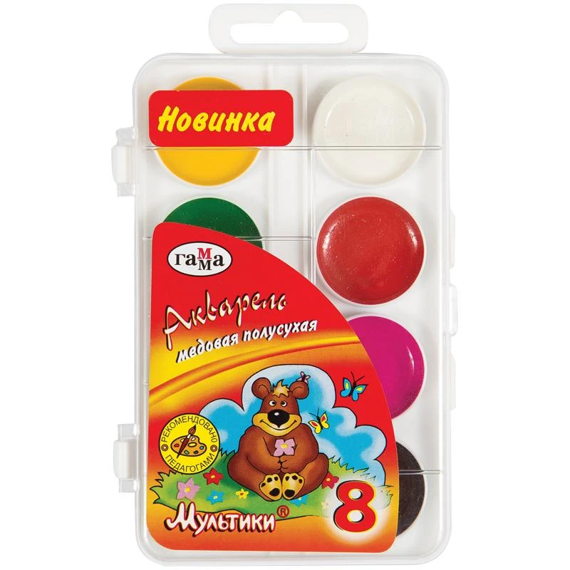 Акварель Гамма "Мультики", медовая, 08 цветов, без кисти, пластик Акварель Гамма "Мультики", медовая, 08 цветов, без кисти, пластик