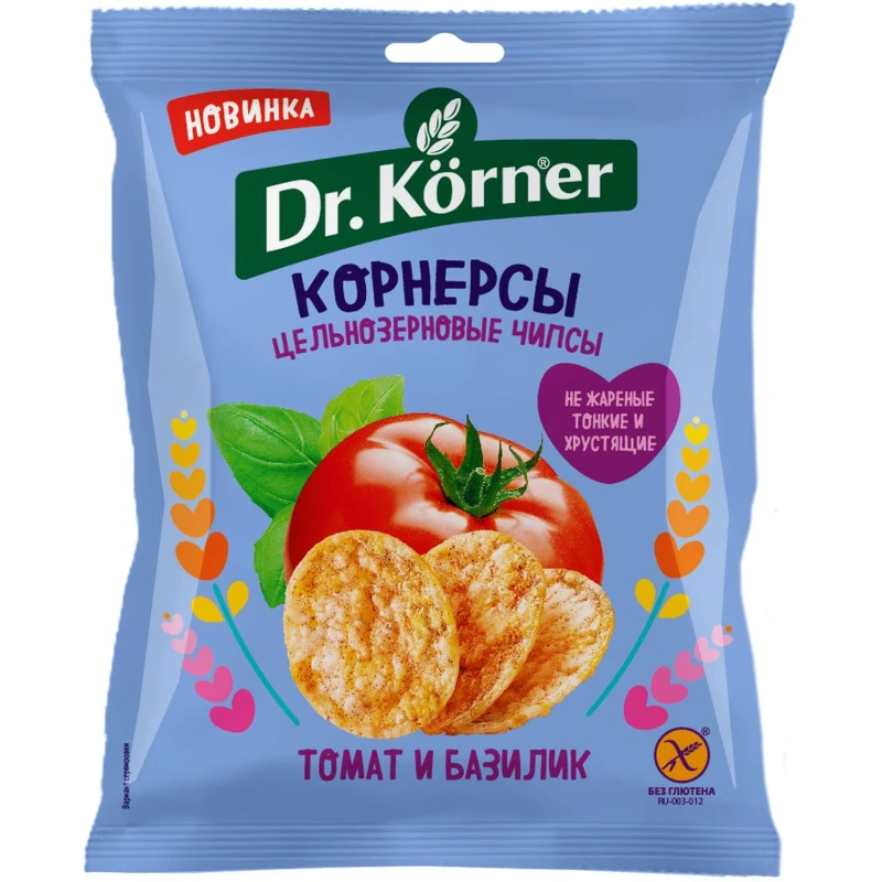 Чипсы Dr.Korner цельноз. кукурузно-рисовые с томатом и базиликом, 50г
