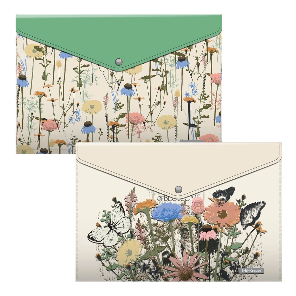 Набор из 4 папок-конвертов пластиковых ErichKrause® Wild Flowers, A4, ассорти