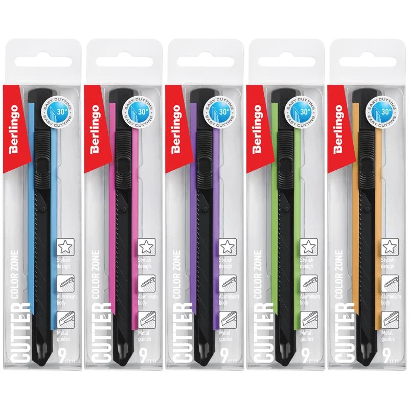 Нож канцелярский 9мм Berlingo "ColorZone", черное лезвие,auto-lock,