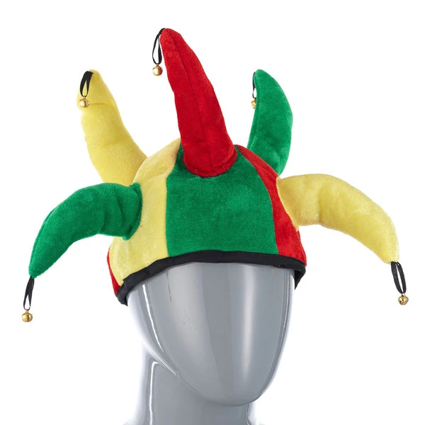 Колпак шутовской жёлто-зелено-красый, с 6 рогами и бубенцами