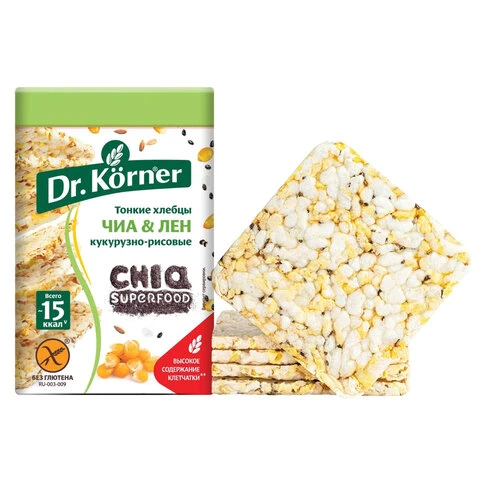 Хлебцы DR.KORNER "Кукурузно-рисовые" с чиа и льном, хрустящие, 100 г,