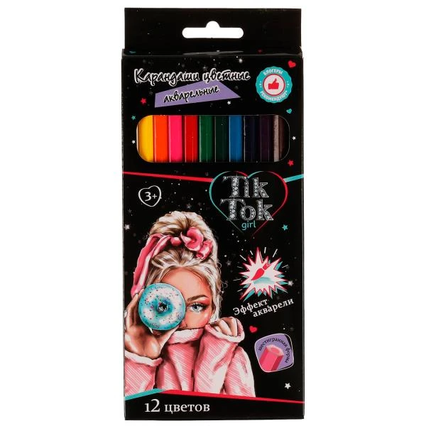 Цветные карандаши 12цв, акварельные TIK TOK GIRL