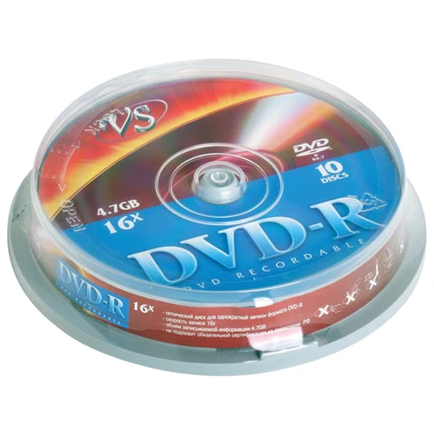 Диски DVD-R VS 4,7 Gb Cake Box (упаковка на шпиле), КОМПЛЕКТ 10 шт.,