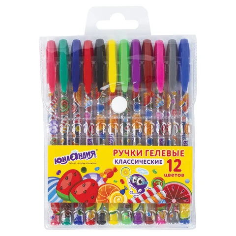 Ручки гелевые ЮНЛАНДИЯ, НАБОР 12 шт., АССОРТИ, корпус с печатью, узел 0,5 мм,