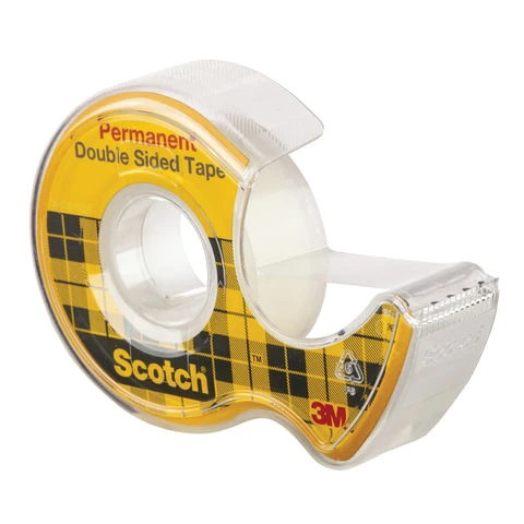 Клейкая лента двухсторонняя 12 мм х 6,3 м канцелярская, в диспенсере, 89 мкм,