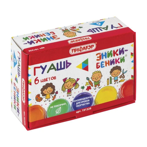 Гуашь ПИФАГОР ЭНИКИ-БЕНИКИ", 6 цветов по 10 мл, без кисти, картонная