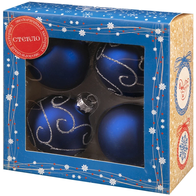 Набор стеклянных шаров "Синий" 4шт, 6см Набор стеклянных шаров "Синий" 4шт, 6см