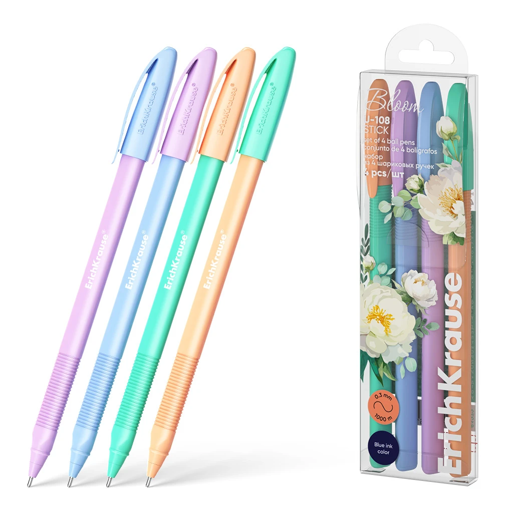 Набор из 4 ручек шариковых Erich Krause U-108 Stick Pastel Bloom 1.0, Ultra