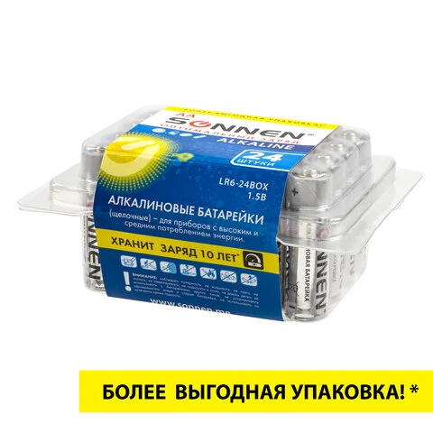 Батарейки КОМПЛЕКТ 24 шт., SONNEN Alkaline, АА(LR6, 15А), алкалиновые,