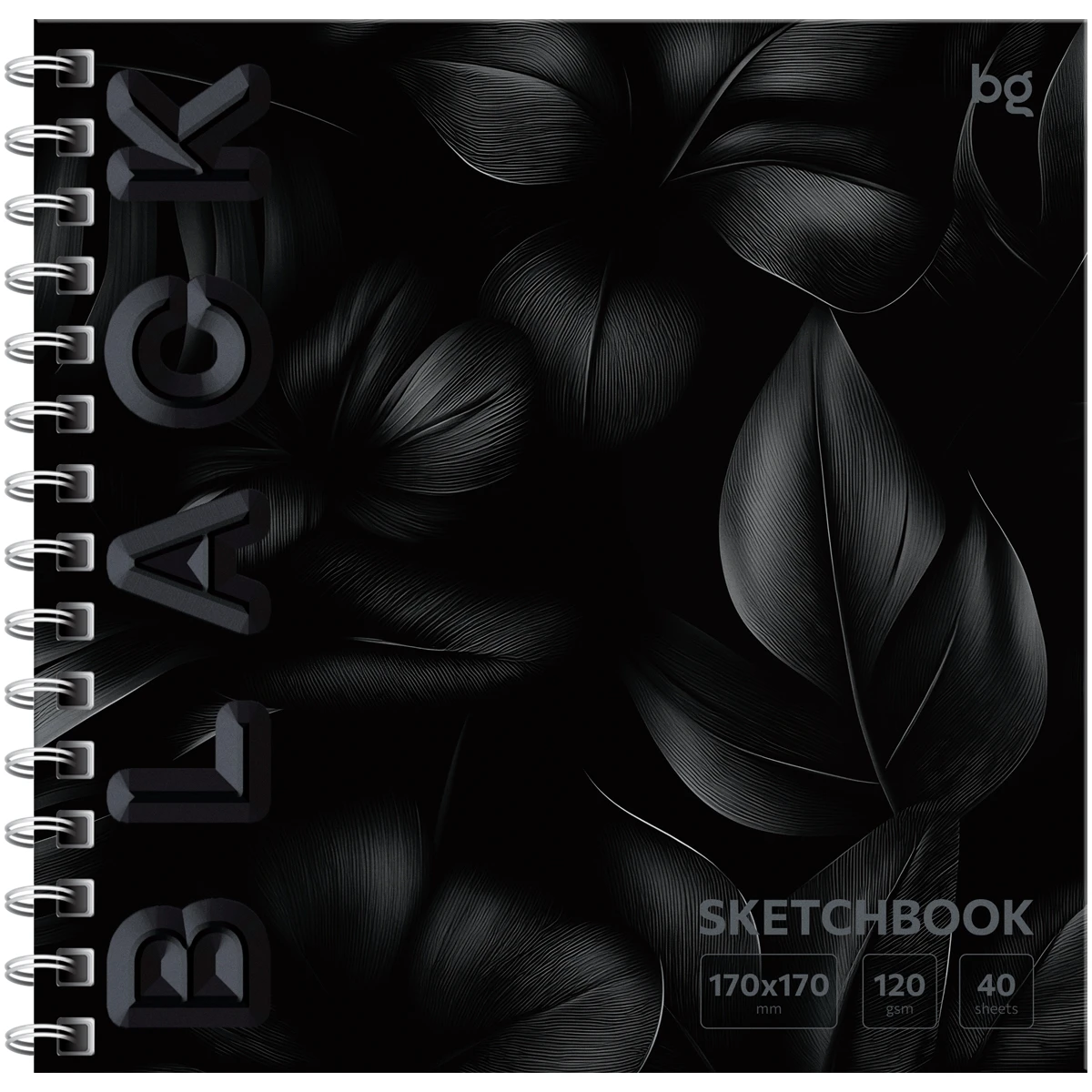 Скетчбук 40л., 170*170 BG "Black. Leaves", на гребне, soft tuch,