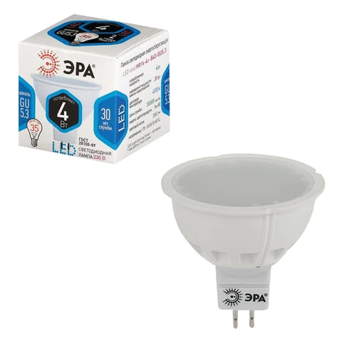 Лампа светодиодная ЭРА, 4 (35) Вт, цоколь GU5.3, MR16, холодный белый свет,