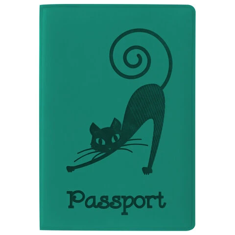 Обложка для паспорта STAFF, мягкий полиуретан, "Кошка", бирюзовая,