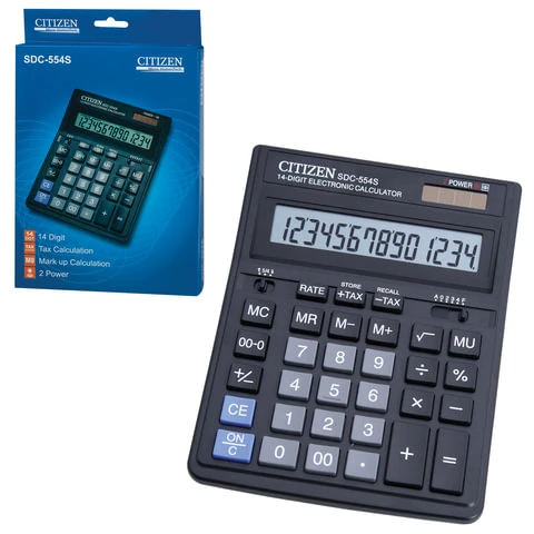 Калькулятор настольный CITIZEN SDC-554 (199x153 мм), 14 разрядов, двойное