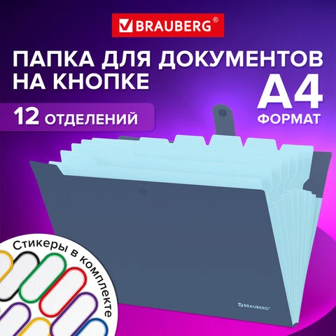 Папка-органайзер на кнопке 12 отделений, BRAUBERG Extra, А4, синяя с голубым,