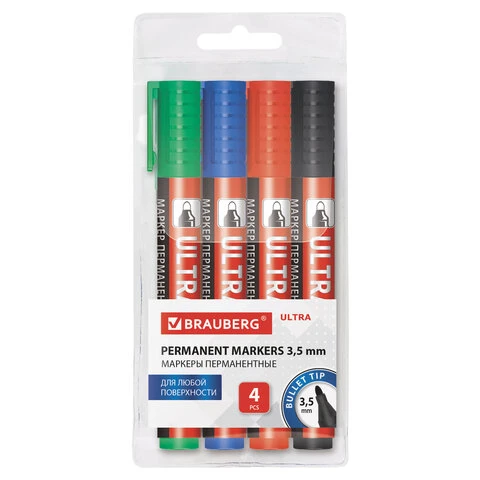 Маркеры перманентные BRAUBERG ULTRA MARKER, НАБОР 4 ЦВЕТА, круглый наконечник