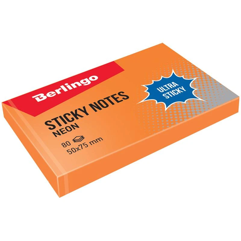 Самоклеящийся блок Berlingo "Ultra Sticky", 50*75мм, 80л, оранжевый